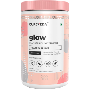 Cureveda Collagen Builder Glow Powder – Plant-Based Beauty Supplement for Youthful Skin | Rose Water Infusion, Evening Primrose 100IU, No Added Sugar | 300g, Vegan