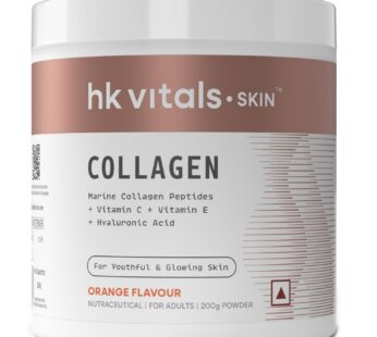 HealthKart HK Vitals Skin Radiance Marine Collagen Supplement | Orange Flavour | 200g | Enriched with Vitamin C, E & Sodium Hyaluronate | For Enhanced Skin Elasticity, Hair Strength & Nail Health