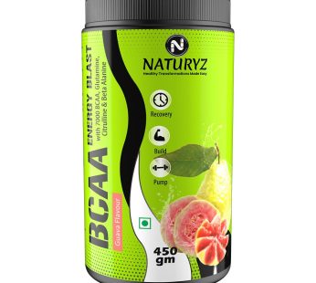 NATURYZ BCAA Energy Blast Pre, Intra, & Post Workout Supplement with 7000 mg BCAA | Glutamine | Citrulline | Beta-Alanine for Muscle Recovery, Power & Energy – 450g (Guava Flavor)