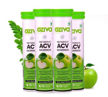 OZiva ACV Moringa Weight Loss Formula | 3-in-1 Fat Oxidation Supplement with Cinnamon & Guggul | No Maltodextrin, Sugar-Free | 15 Green Apple Effervescent Tablets (Pack of 4)