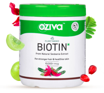 OZiva Plant-Based Biotin for Hair Growth | Biotin Powder for Increased Hair Density, Shinier Hair, Healthier Skin & Nails (With Silica, Sesbania Agati), Certified Clean & Vegan, 125g (Classic)